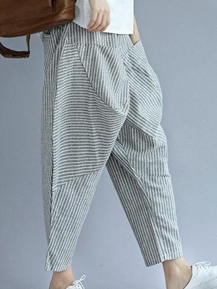 Elastic Waist Loose Stripe Casual Harem Pants With Pockets