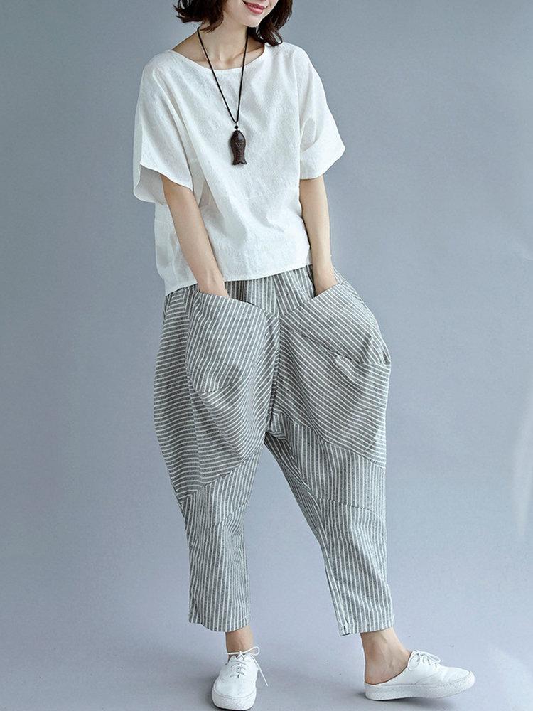 Elastic Waist Loose Stripe Casual Harem Pants With Pockets