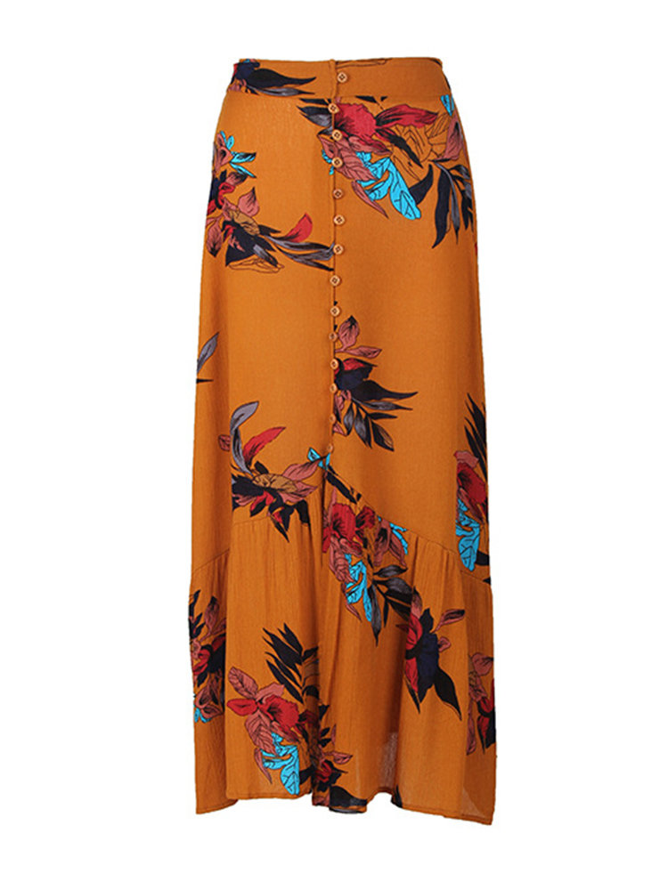 Boho Print Floral Front Breasted Vintage Maxi Skirts