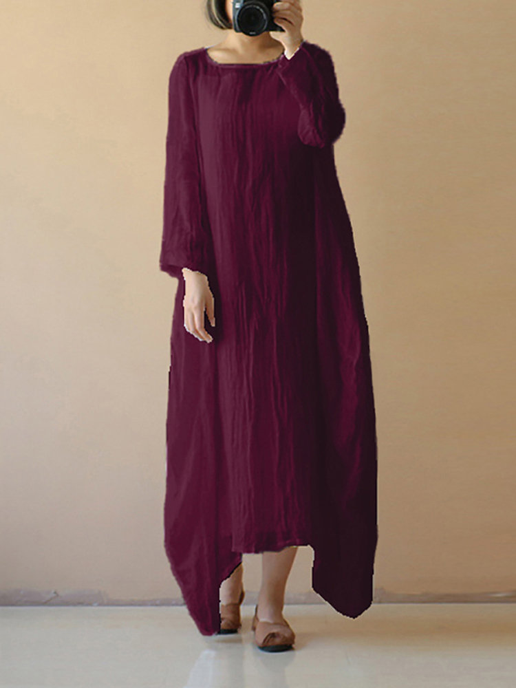 Vintage Asymmetrical Pure Color Long Sleeve Maxi Dresses