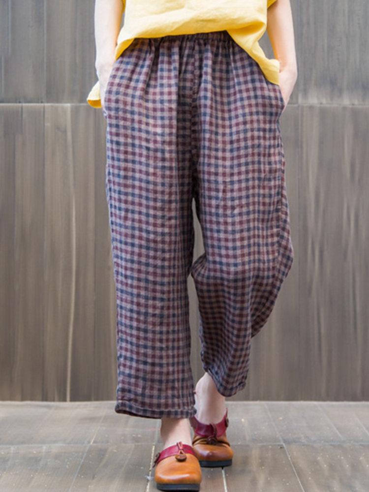 Loose Elastic Waist Plaid Trousers For Women