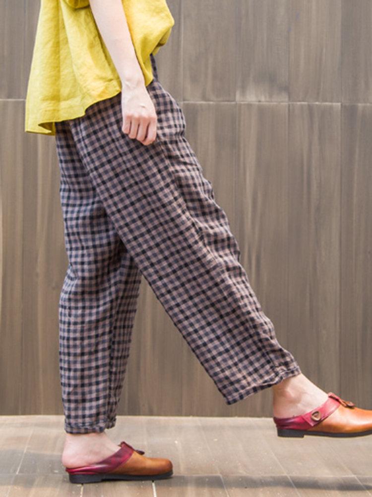 Loose Elastic Waist Plaid Trousers For Women