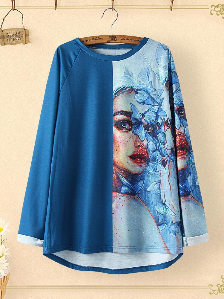 Vintage Patchwork Printed O-neck Long T-shirt For Women