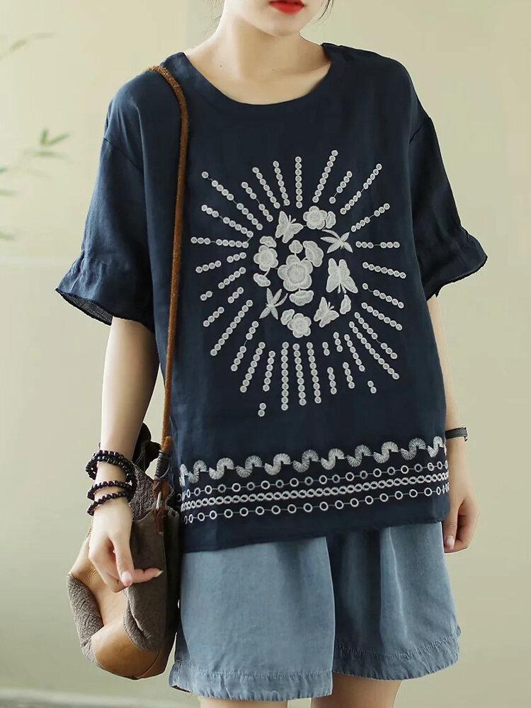 Flower Embroidery Half Sleeve Loose T-shirt For Women