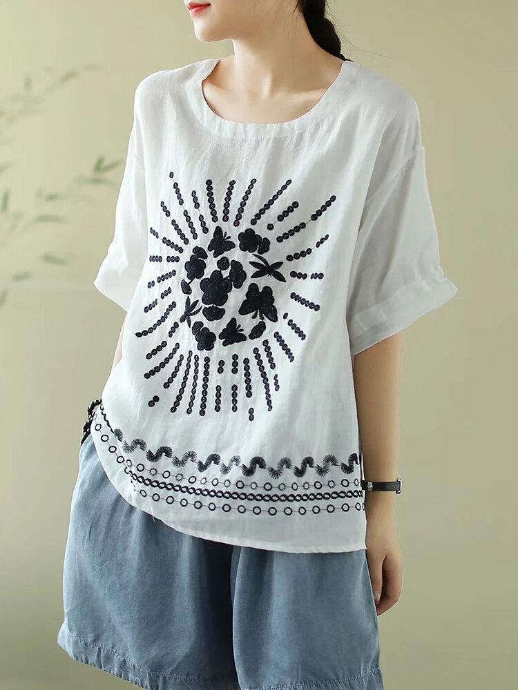 Flower Embroidery Half Sleeve Loose T-shirt For Women