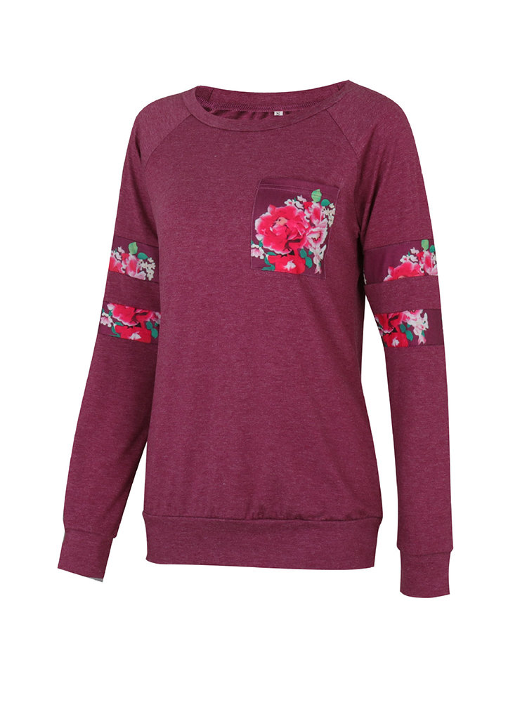 Casual Floral Print Patchwork Long Sleeve O-neck Women T-shirts