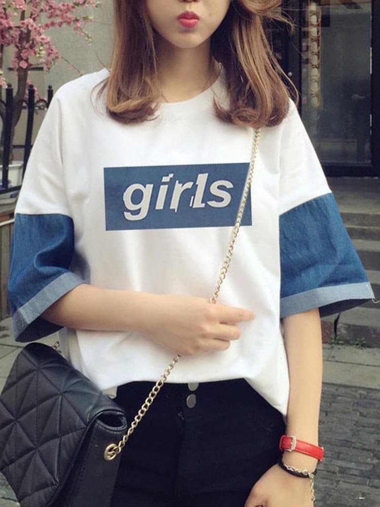 Denim Patchwork Printed Letters Short Sleeve Casual T-Shirts