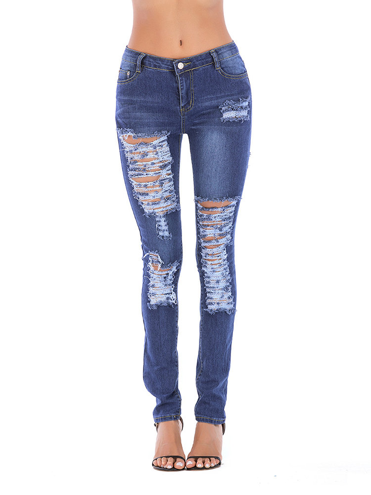 High Waist Broken Hole Skinny Long Jeans