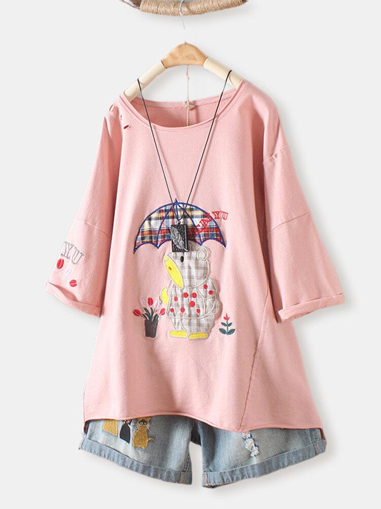 Cartoon Embroidery O-Neck Short Sleeve T-shirt For Women