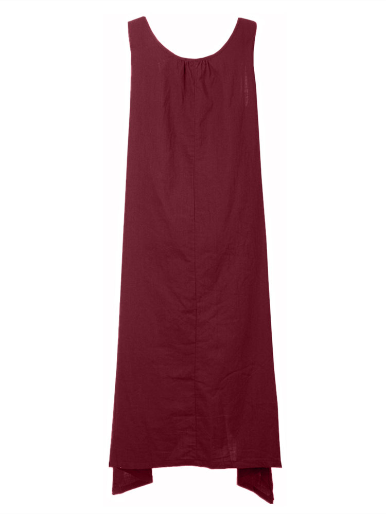 Vintage Women Sleeveless Pockets High Low Pure Color Maxi Dresses