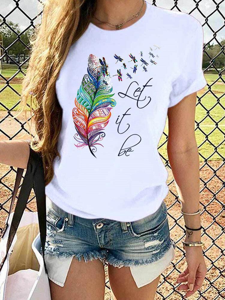 Feather Dragonfly Print Short Sleeve Casual T-shirt For Women