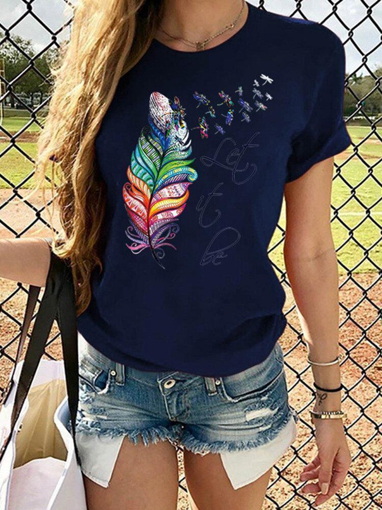 Feather Dragonfly Print Short Sleeve Casual T-shirt For Women