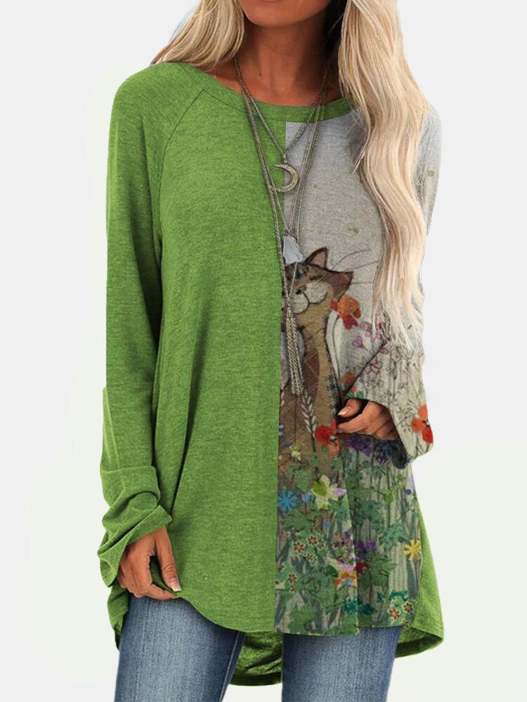 Cartoon Patchwork Print O-neck Casual Long T-shirt For Women