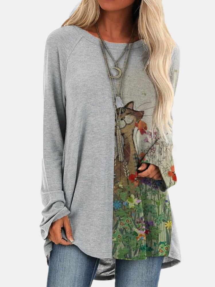 Cartoon Patchwork Print O-neck Casual Long T-shirt For Women