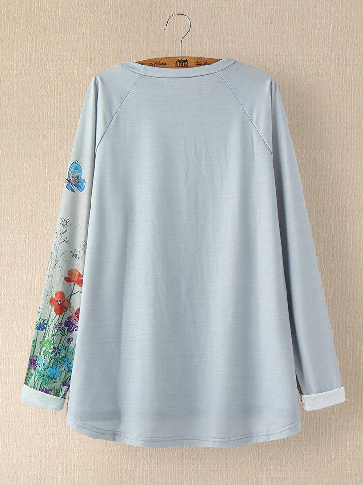 Cartoon Patchwork Print O-neck Casual Long T-shirt For Women