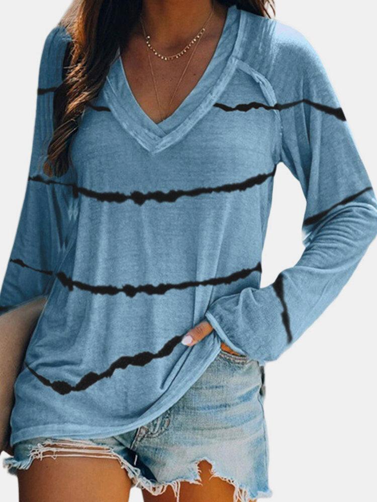 Striped Long Sleeve V-neck T-shirt For Women