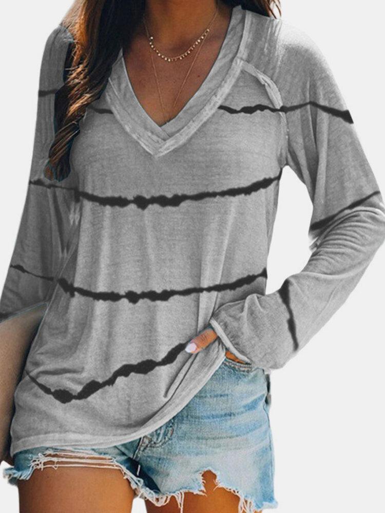 Striped Long Sleeve V-neck T-shirt For Women