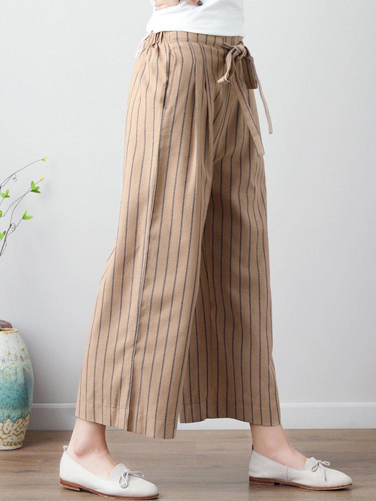 Stripe Wide Leg Drawstring Waist Casual Pants