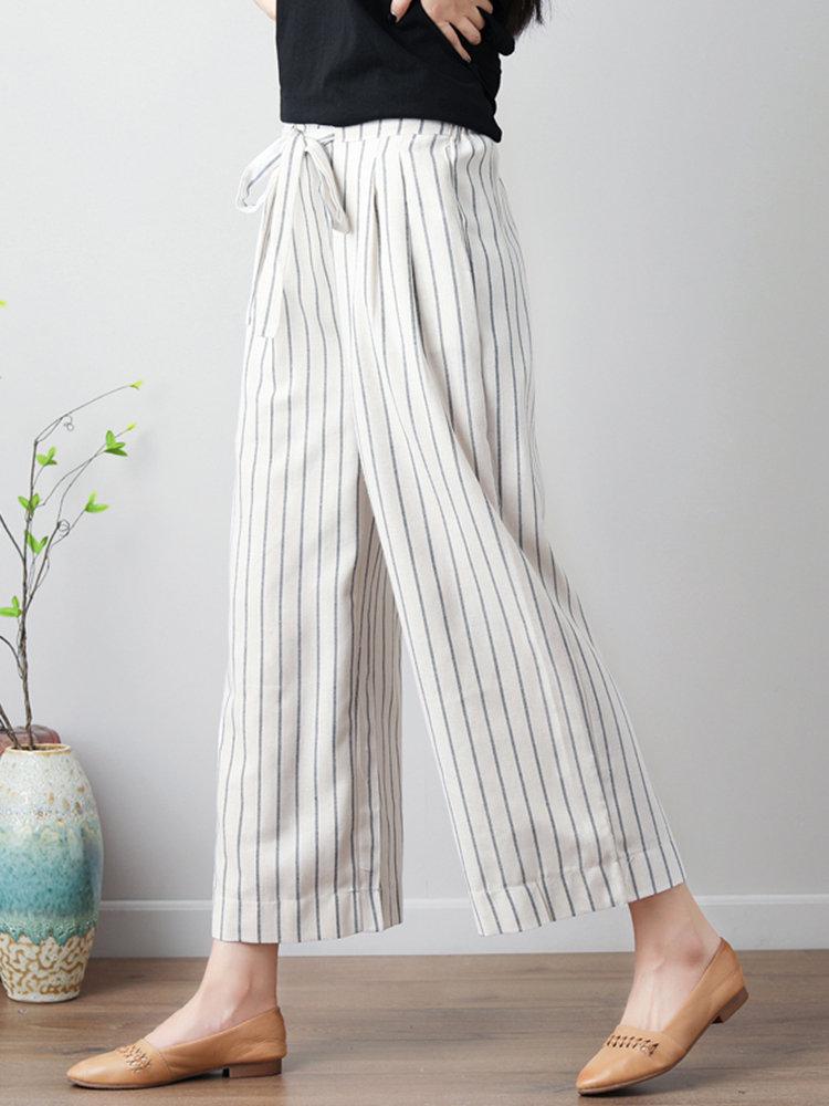 Stripe Wide Leg Drawstring Waist Casual Pants