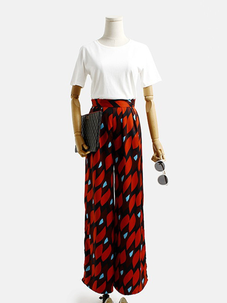 Women Bohemian Printed Back Zipper Wide Leg Pants