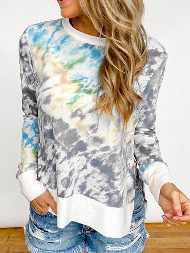 Tie-dye O-neck Side Slit Casual Long Sleeve T-Shirt