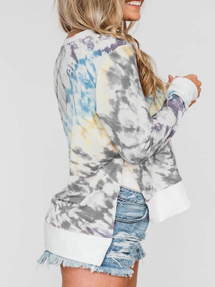 Tie-dye O-neck Side Slit Casual Long Sleeve T-Shirt