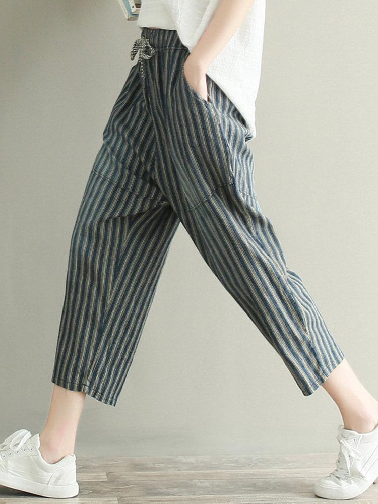 Casual Stripe Drawstring Waist Loose Women Pants