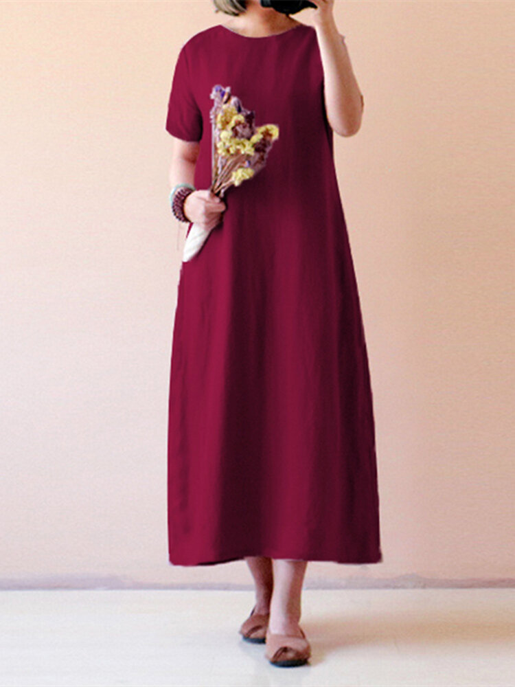 Pure Color Short Sleeve Long Maxi Vintage Dresses