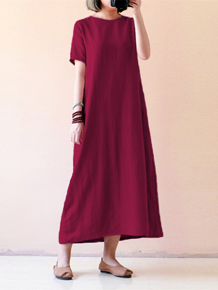 Pure Color Short Sleeve Long Maxi Vintage Dresses