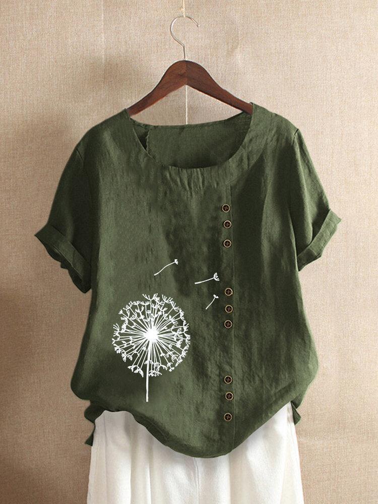 Floral Printed Short Sleeve Button T-shirt For Women