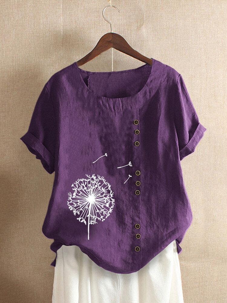 Floral Printed Short Sleeve Button T-shirt For Women