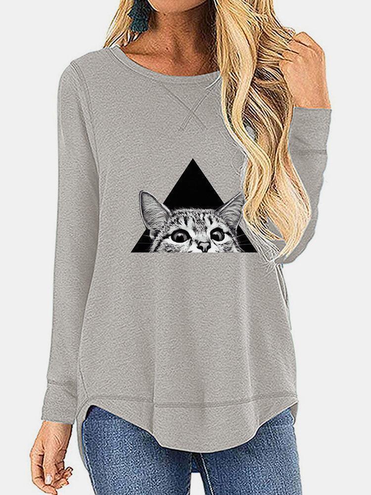 Cat Printed Casual O-neck Irregular T-Shirt For Women