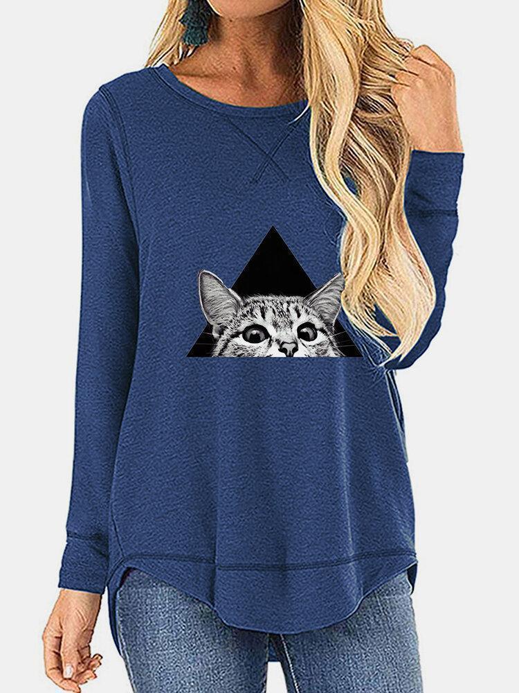 Cat Printed Casual O-neck Irregular T-Shirt For Women