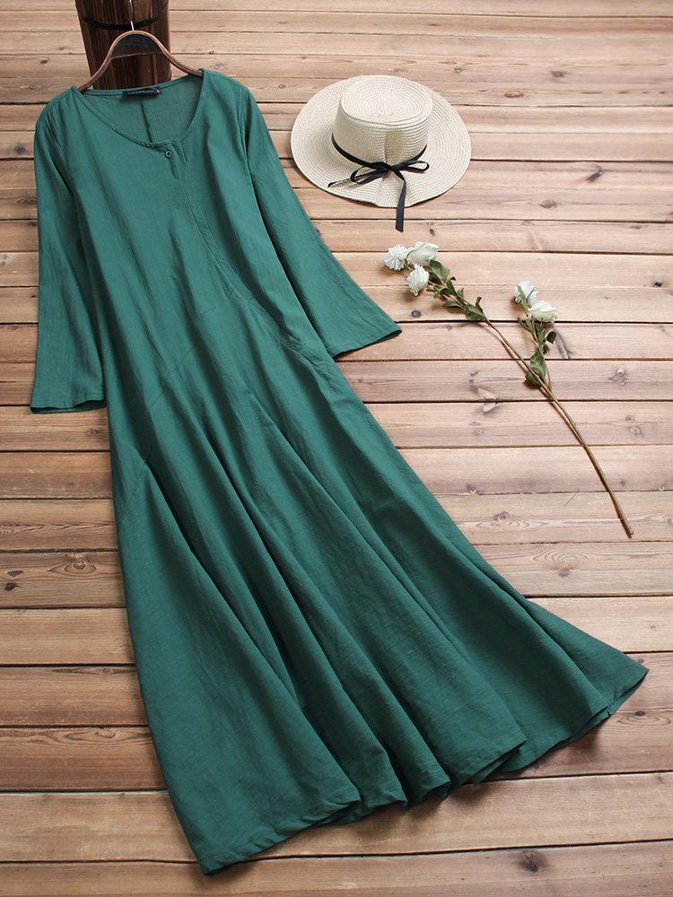 Women Vintage Cotton Tunic Baggy Long Sleeve Maxi Dress