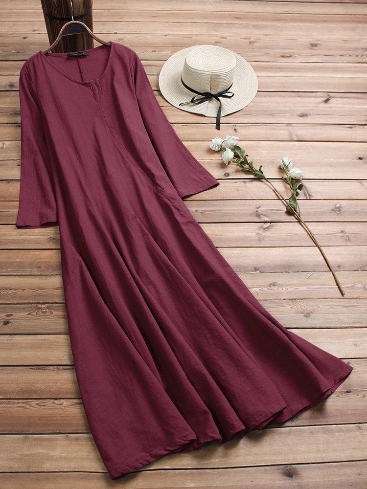 Women Vintage Cotton Tunic Baggy Long Sleeve Maxi Dress