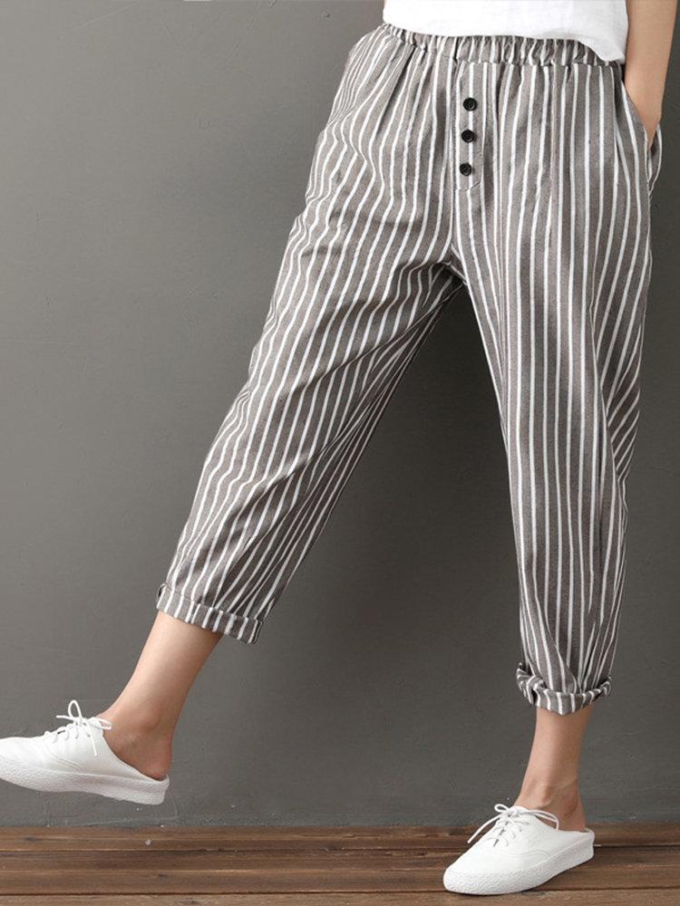 Buttons Stripe Elastic Waist Pockets Casual Harem Pants