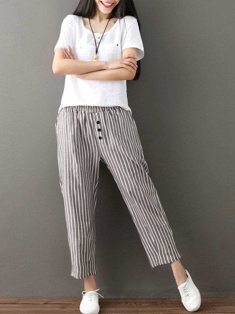 Buttons Stripe Elastic Waist Pockets Casual Harem Pants