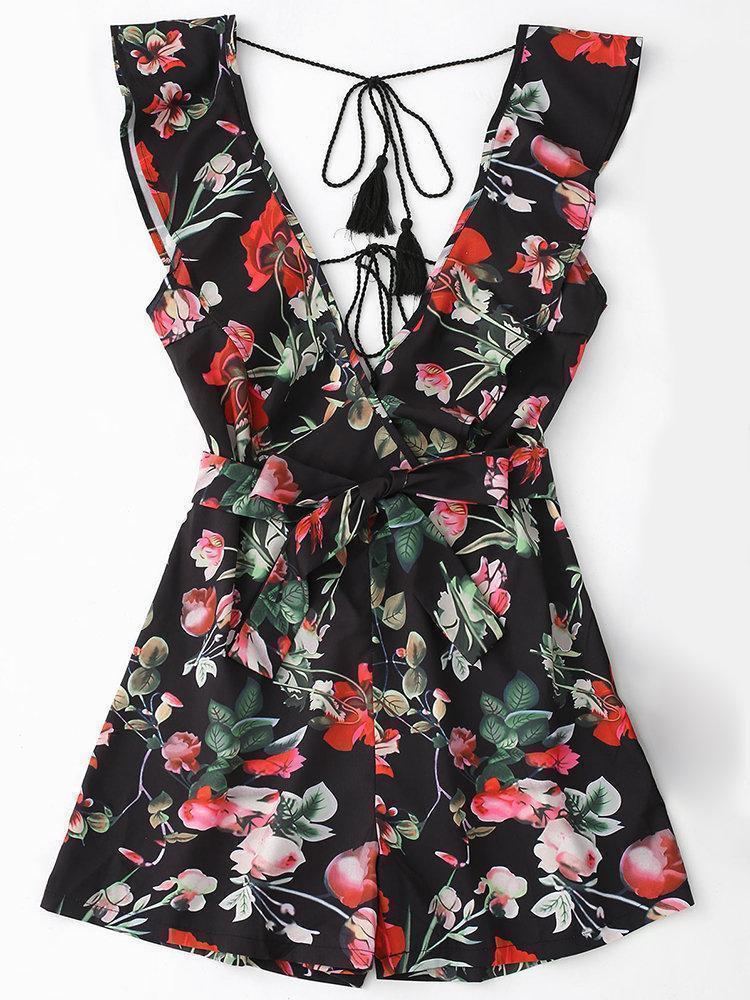 Sexy Backless V-neck Floral Printed Short Jumpsuits