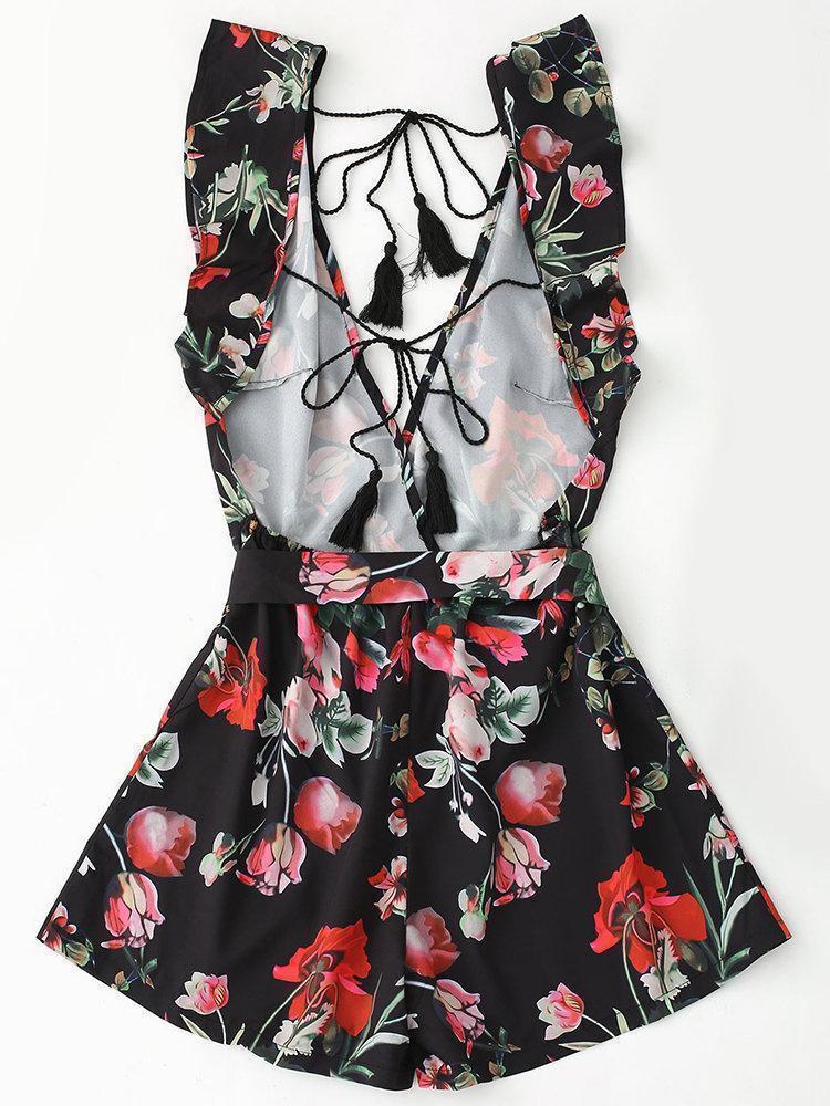 Sexy Backless V-neck Floral Printed Short Jumpsuits