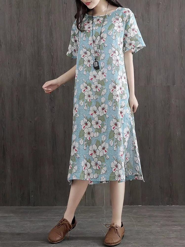 Side Splited Stripe Floral Print Short Sleeve Vintage Dresses