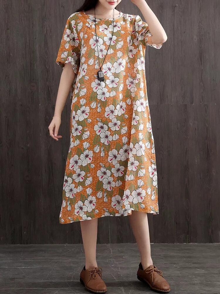 Side Splited Stripe Floral Print Short Sleeve Vintage Dresses