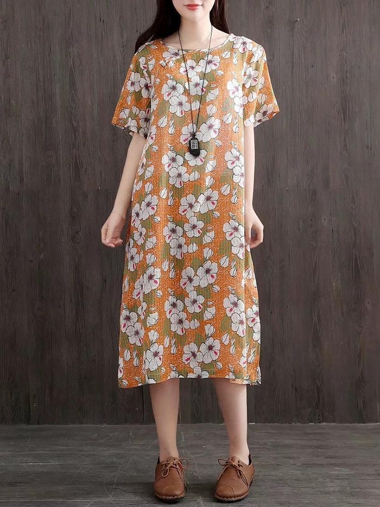 Side Splited Stripe Floral Print Short Sleeve Vintage Dresses