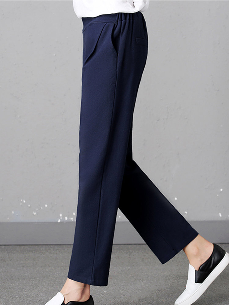 Casual Pure Color Elastic Waist Women Pants With Pockets