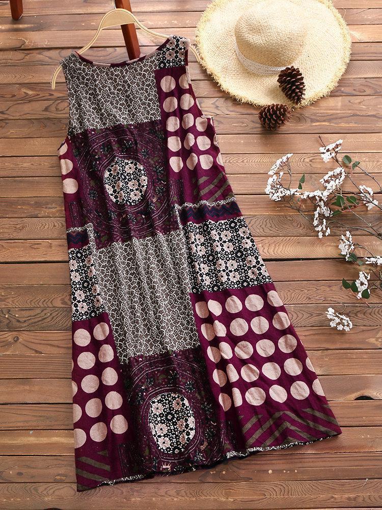 Ethnic Printed Sleeveless Vintage Women Dresses