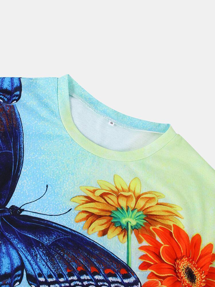 Butterfly Floral Printed O-neck Short Sleeve T-shirt