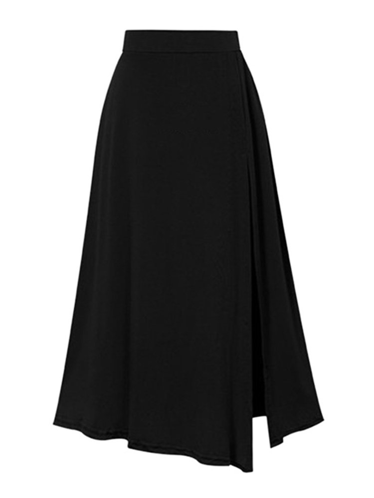 Solid High-Waist Split Pleated Slit Pleated Skirts