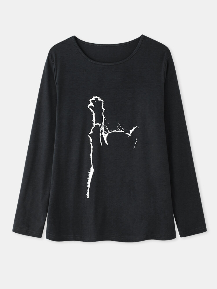 Cat Print Long Sleeves O-neck Casual T-shirt For Women