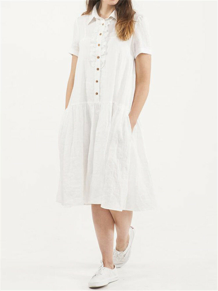 Vintage Button Solid Color Short Sleeve Dress