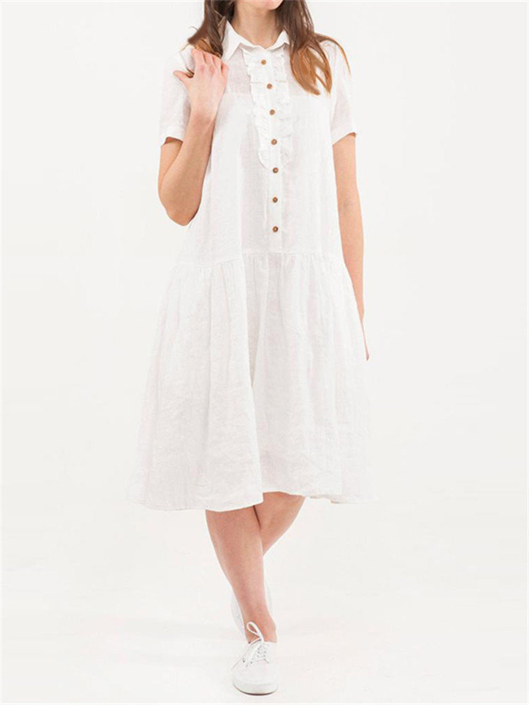 Vintage Button Solid Color Short Sleeve Dress