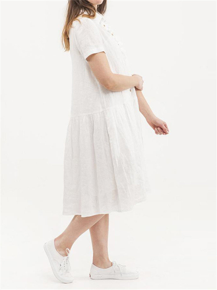 Vintage Button Solid Color Short Sleeve Dress